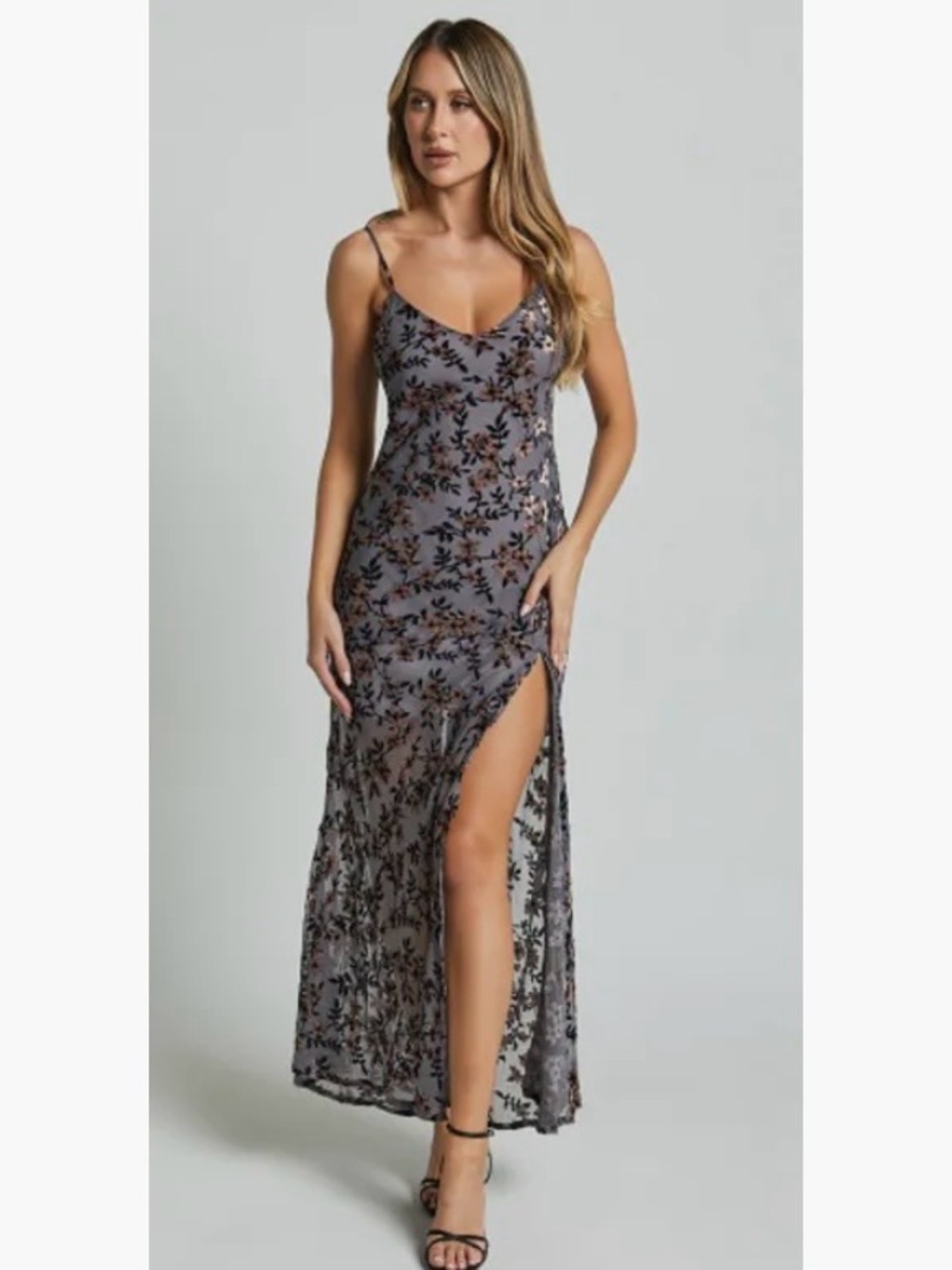 Showpo Darlene Midi Dress NWT Velvet Burnout Slip Cami Dress in Grey Size 6